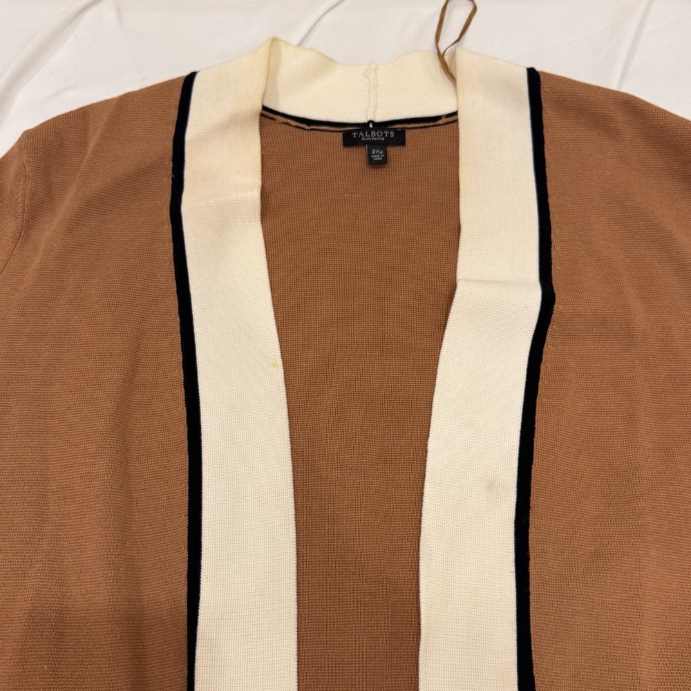Talbots Open Front Cardigan 2XP Plus Petite Brown White Colorblock Cotton Rayon - Picture 5 of 9
